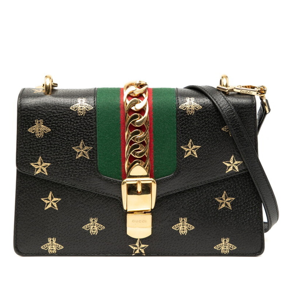 Gucci Sylvie Bee Star Shoulder Bag Black Leather
